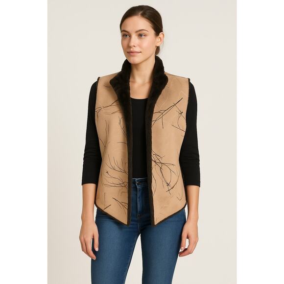 Robert Kitchen Canada Faux Fur Lined Vest M | Tree Branch Print Western Boho - Picture 1 of 9